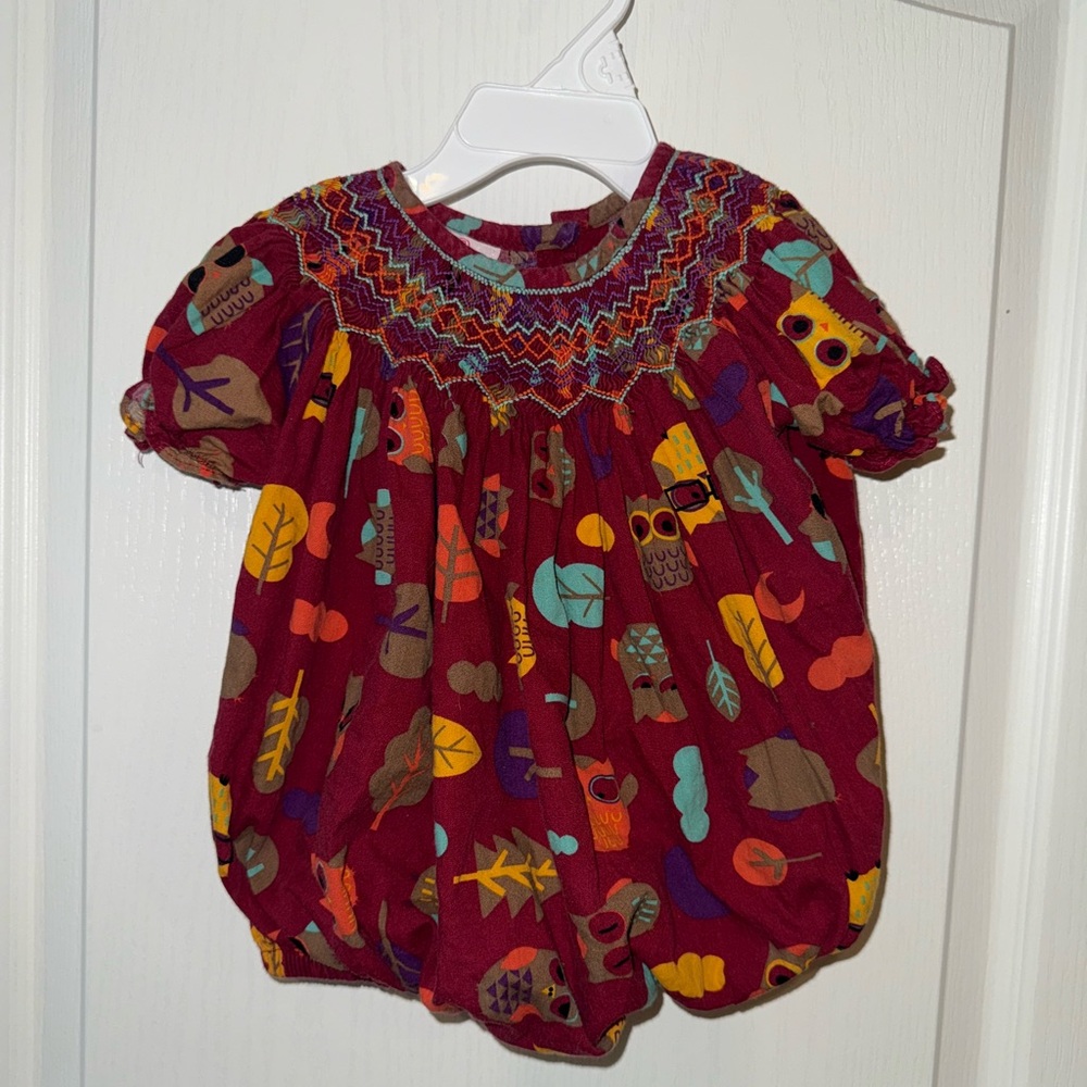 Smocked Sweets Burgundy Baby Bubble Romper with Woodland Pattern